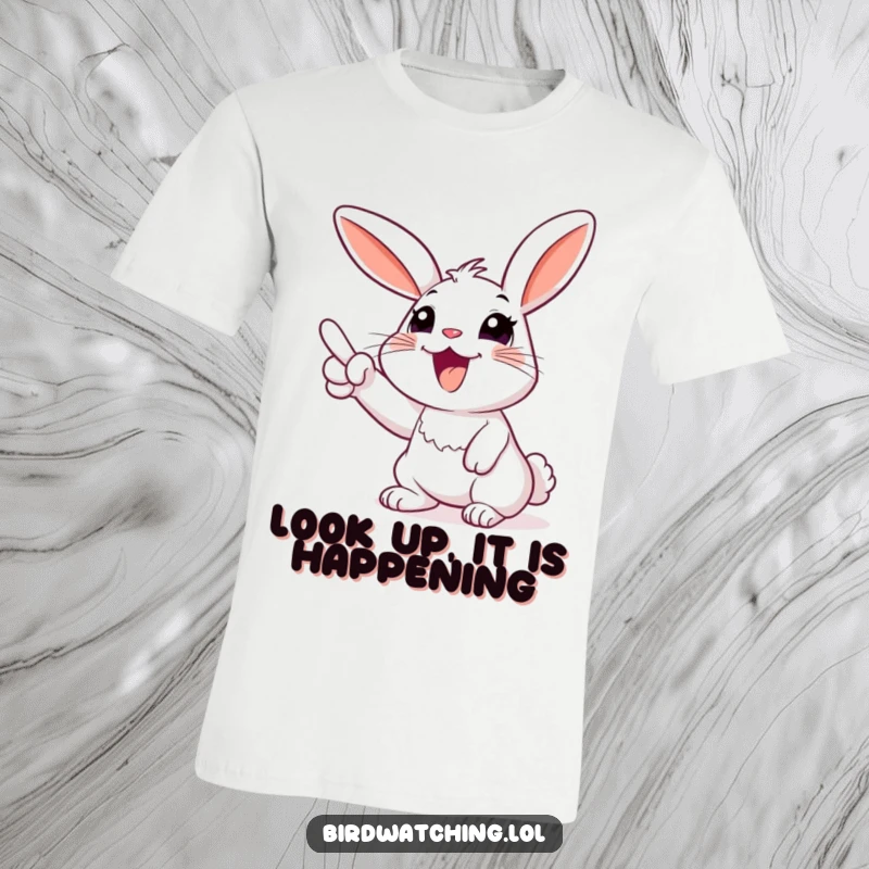 Funny rabbit t-shirt, joyfully pointing upwards at the sky, conveying excitement and happiness. Great gift idea.