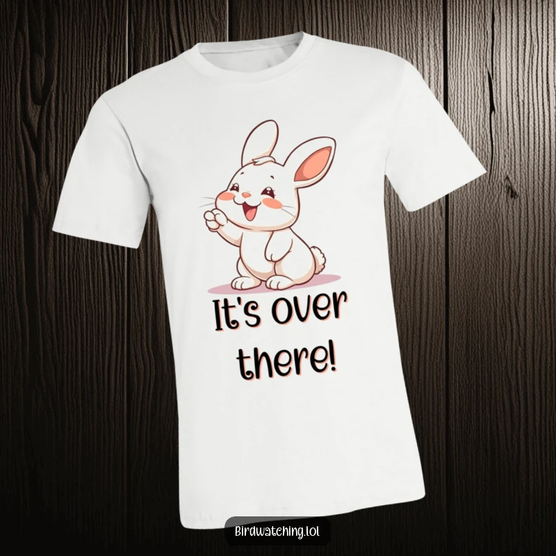 Funny rabbit t-shirt, giggling and pointing with wide eyes, capturing a moment of pure, excited anticipation.