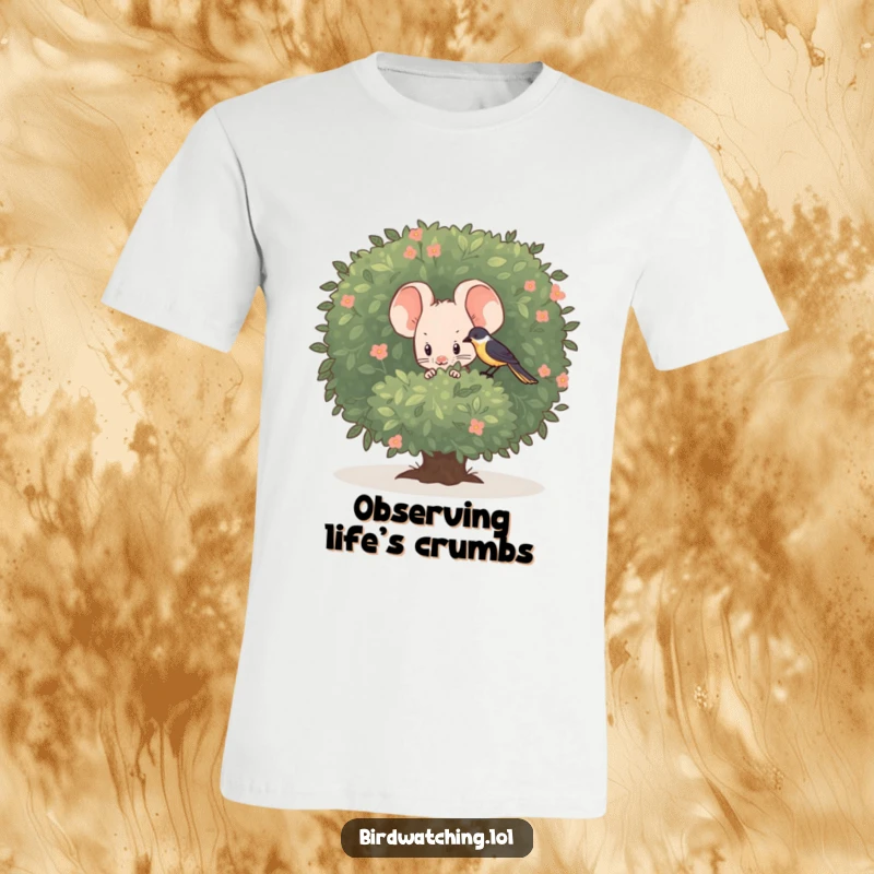 Funny shy mouse t-shirt, hiding behind a bush, curiously watching a bird, radiating quiet charm.