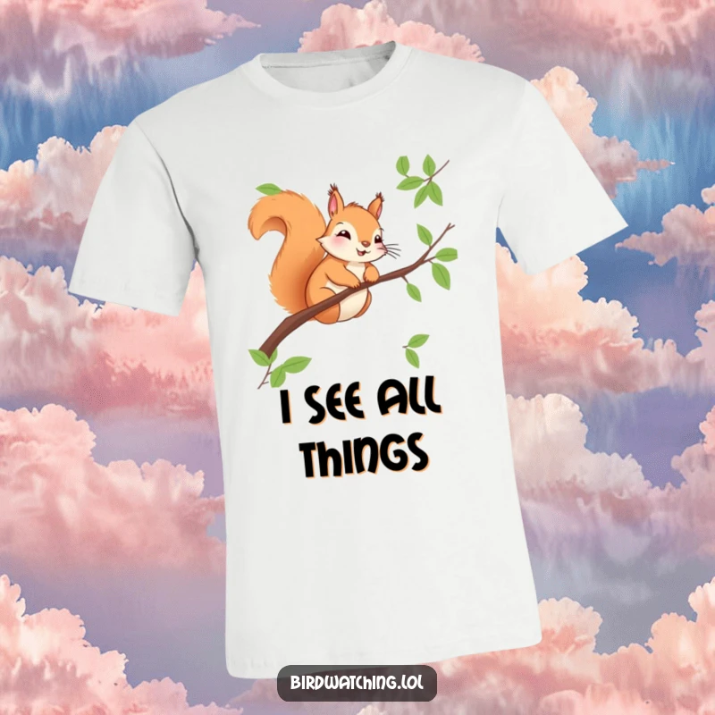 Funny squirrel t-shirt, perched on a branch, attentively observing the world. Ideal gift for watchers.