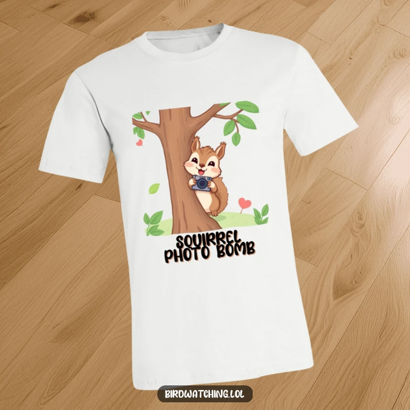 Funny squirrel photographer t-shirt with a joyful squirrel peeking from behind a tree holding a tiny camera, humorous gift.
