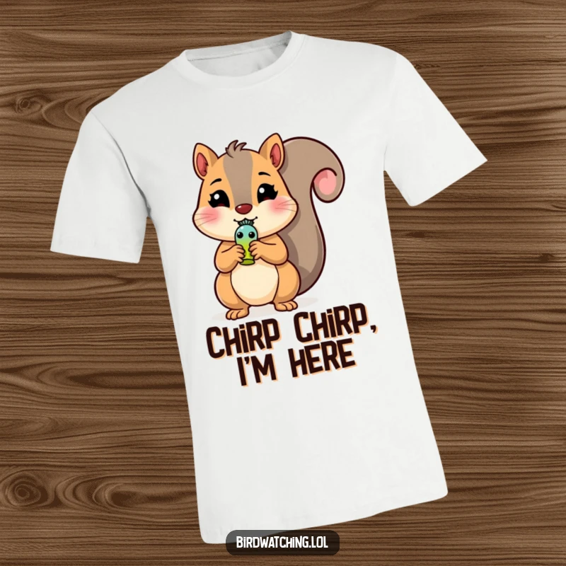 Funny Squirrel T-Shirt: A happy squirrel is depicted holding a small bird whistle, ready for fun. Great gift.