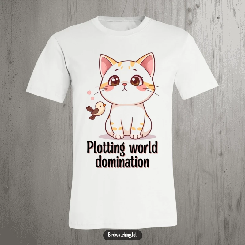 Funny surprised cat t-shirt, cat eyes wide open gasping at a small bird, showcasing shock and humor.