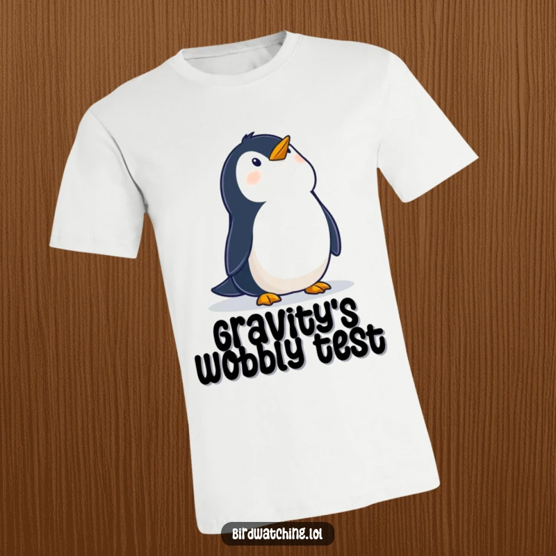Funny t-shirt with a wobbly penguin looking up in wonder at the sky, embodying a sense of childlike awe and gentle curiosity.