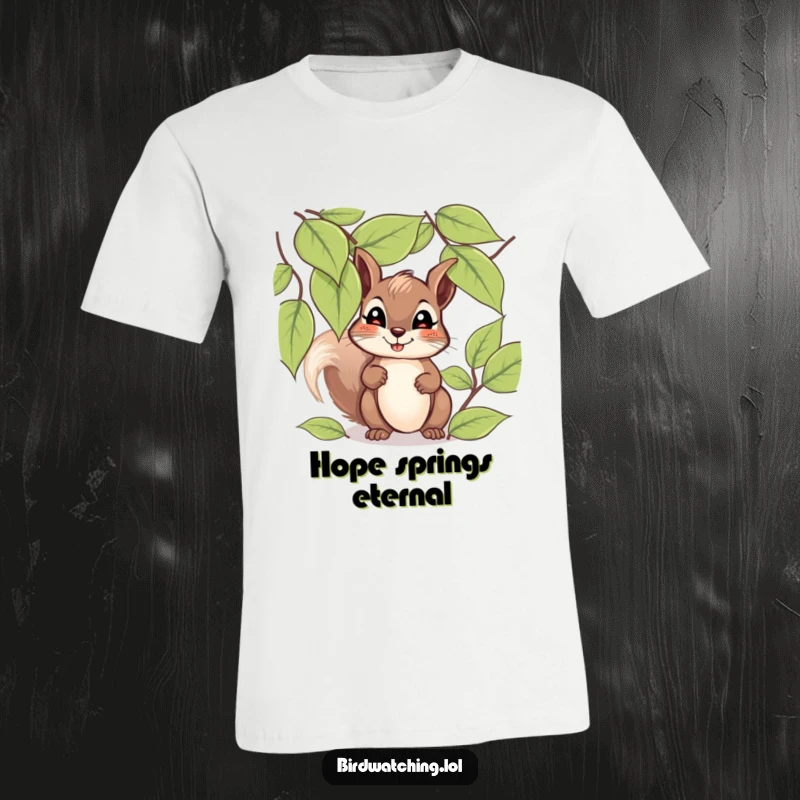 Funny giggling squirrel t-shirt showing a happy squirrel peeking through leaves with a hopeful, giggling expression, perfect for casual wear.