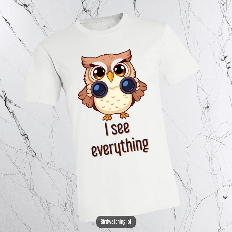Funny Surprised Owl T-Shirt: A delightful depiction of an owl with binoculars, expressing comical wide-eyed shock.