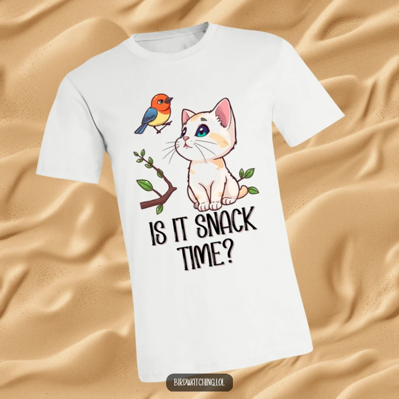 Funny t-shirt with a curious cat fixated on a bird on a branch, perfect for cat lovers and humor aficionados.