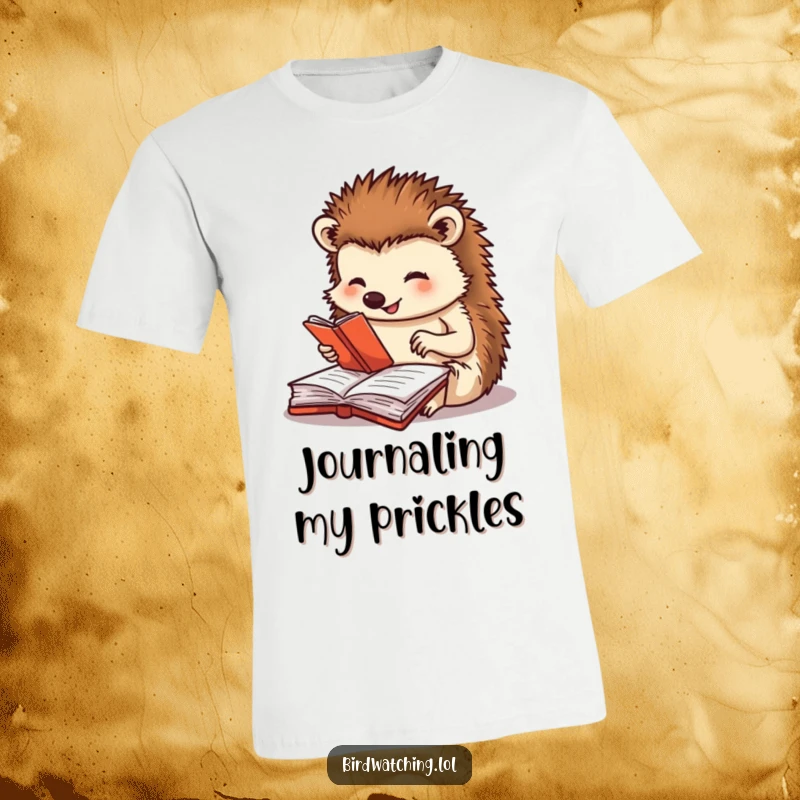 Funny T-shirt with a happy hedgehog journaling its findings, showcasing meticulous observation and humor, a perfect and unique gift item.