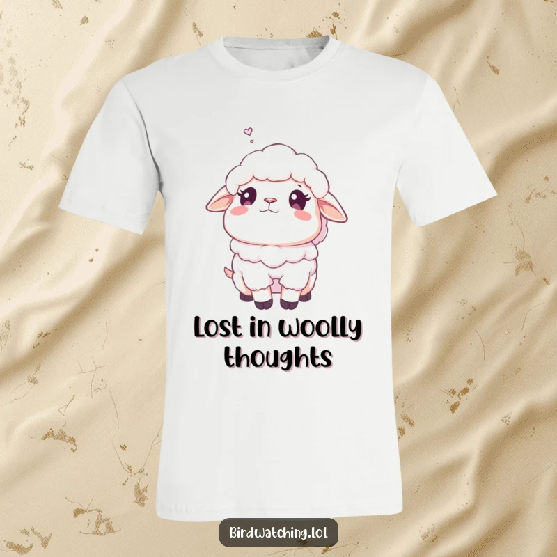 Funny fluffy sheep t-shirt of a sheep looking dreamily at the sky, representing peaceful thoughts and lighthearted fun.