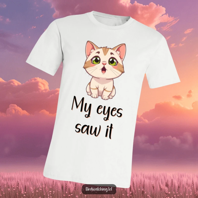 Funny surprised cat t-shirt, wide-eyed and looking up in shock. Expresses amazement and curiosity. Ideal gift.
