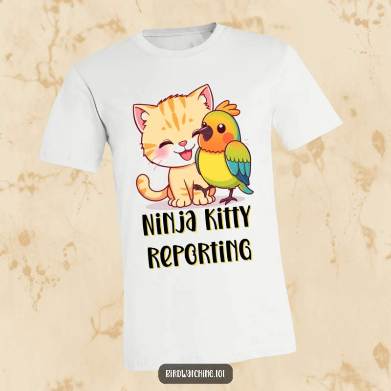 Funny happy cat tiptoeing towards a bright, unaware bird on a comfortable, humorous t-shirt.