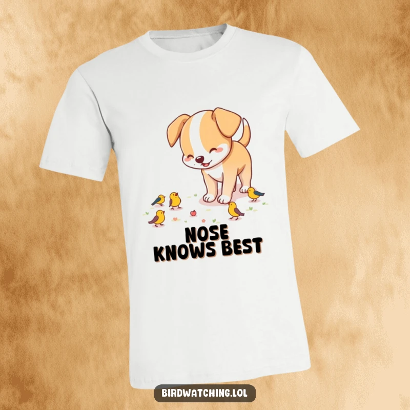 Funny dog t-shirt, a playful dog sniffing the ground with excitement, on the hunt for birds in a humorous design.