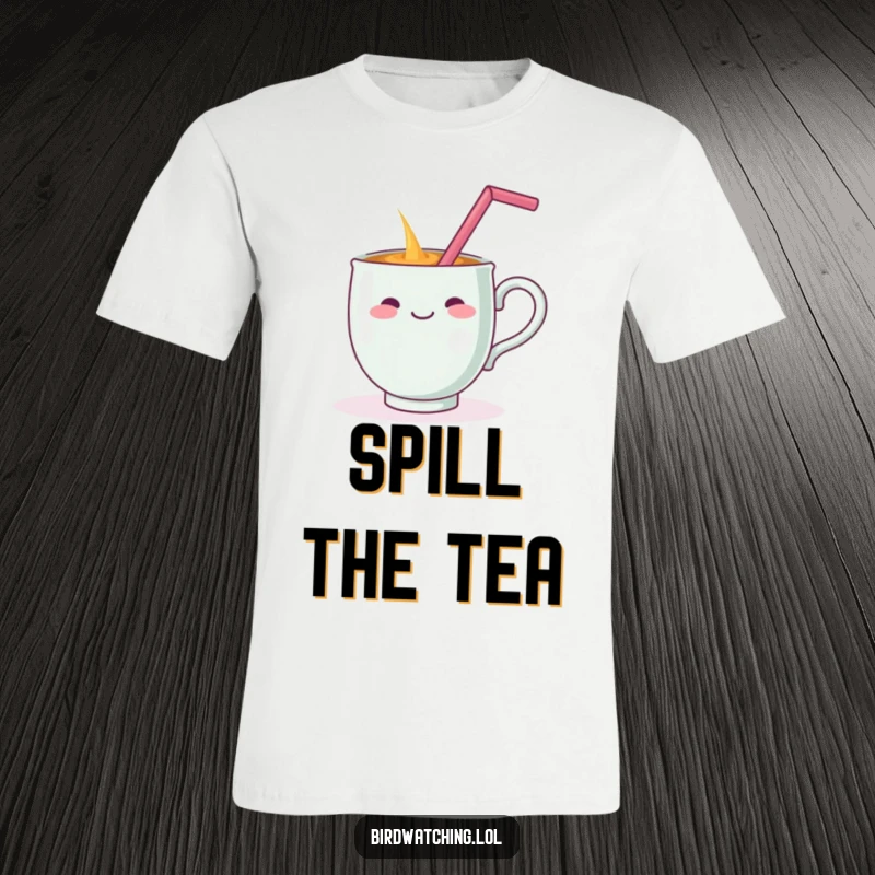 Funny t-shirt print of a happy teacup dramatically spilling while balancing a straw on its handle, illustrating a comical beverage disaster.