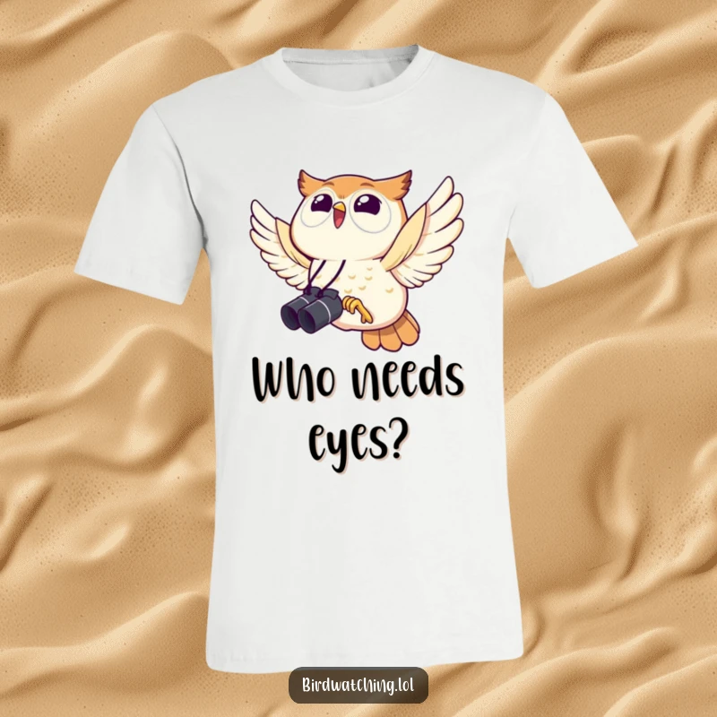Funny owl t-shirt, joyful flight with binoculars, celebrating keen eyesight and passion for bird watching with humor.