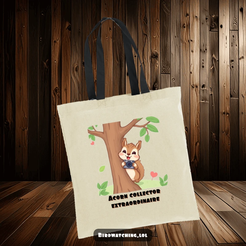 Funny squirrel photographer tote bag with a joyful squirrel peeking from behind a tree holding a tiny camera, humorous and practical gift.