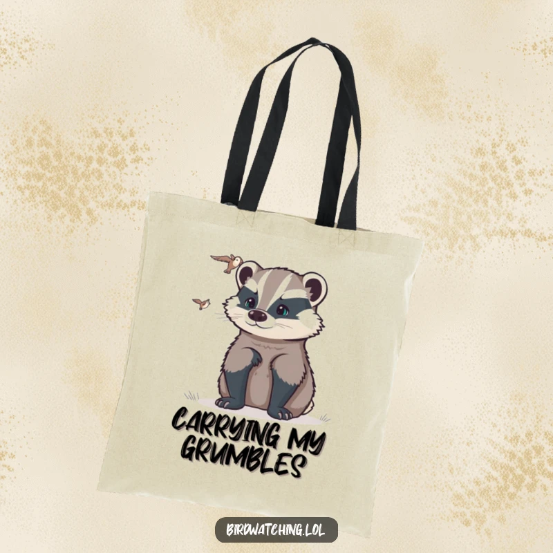 Funny determined badger tote bag showing a badger intently watching a distant flyer, symbolizing sharp focus and preparedness, a stylish gift.