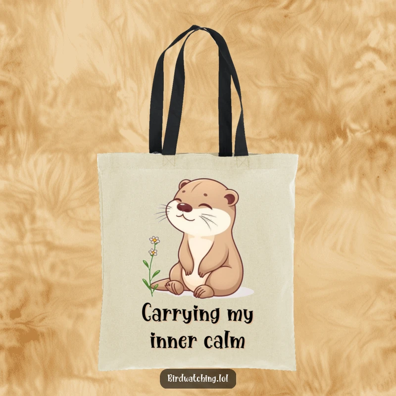 Funny otter tote bag, content otter sitting, observing flower, durable and humorous, ideal gift.