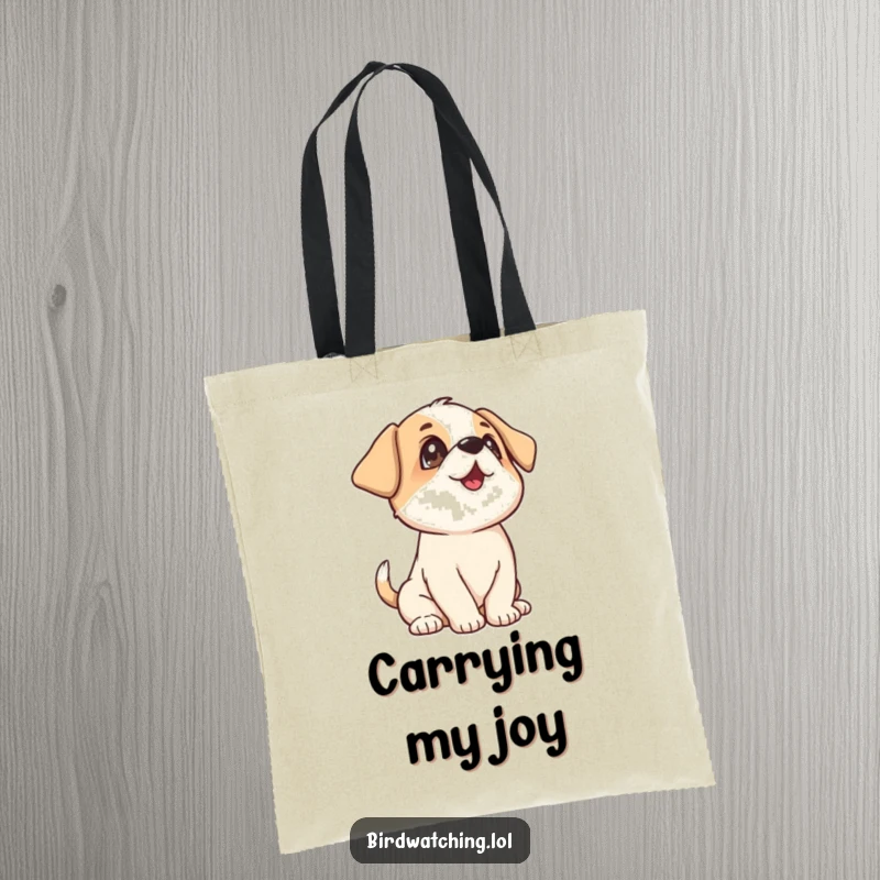 Funny Playful Puppy Tote Bag: A humorous tote showcasing a happy puppy wagging its tail and looking upwards, perfect for dog lovers.
