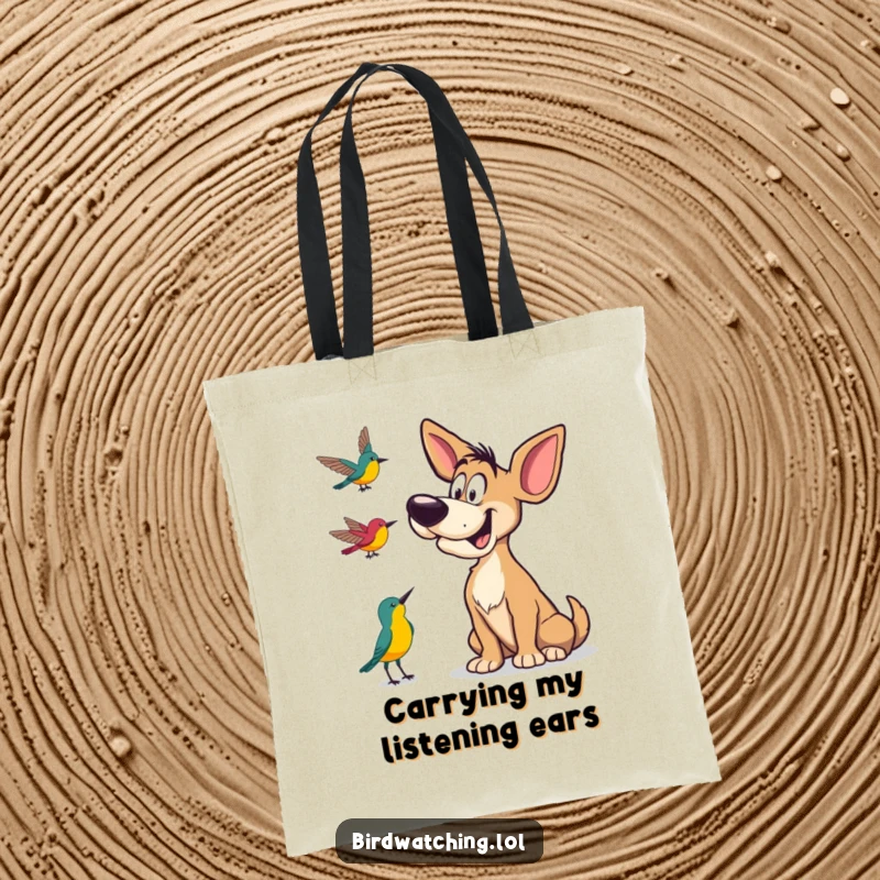 Funny Tote Bag featuring a goofy dog tilting its head to listen to bird calls, a practical and amusing accessory.