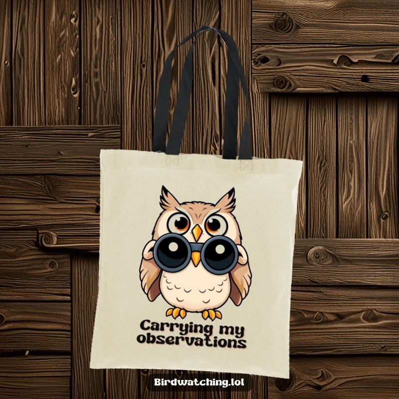 Funny tote bag featuring a wide-eyed, surprised owl peering through binoculars, perfect for carrying treasures.