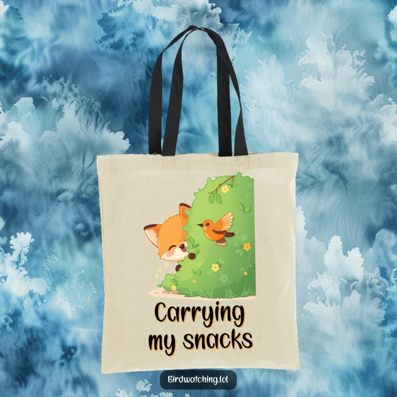 Funny Fox Tote Bag: A joyful fox hiding behind a bush, watching a bird with playful curiosity, a cute and humorous bag.
