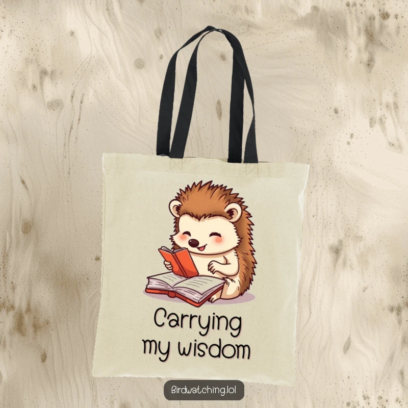 Funny tote bag featuring a happy hedgehog meticulously journaling, practical for carrying items while adding a humorous and charming touch, ideal for a gift.