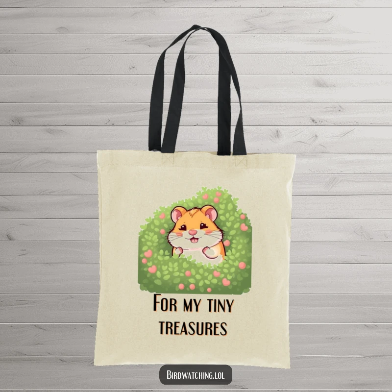 Funny giggling hamster tote bag with a hamster hiding behind a bush, exuding playful charm and infectious humor, a cute accessory.