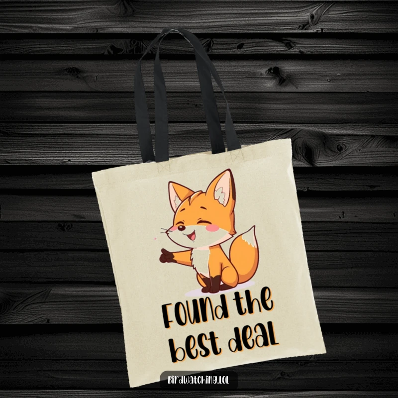 Funny Smiling Fox Tote Bag: A humorous tote showcasing a smiling fox pointing excitedly, perfect for carrying adventure gear.