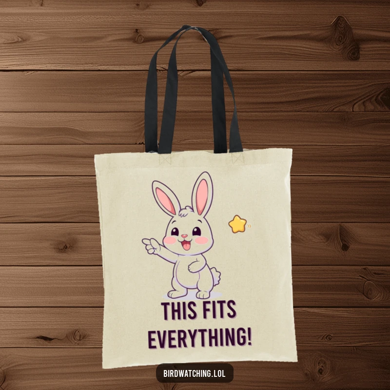 Funny tote bag featuring a cheerful bunny pointing excitedly afar, capturing a moment of pure delight and optimism, a whimsical and practical accessory.