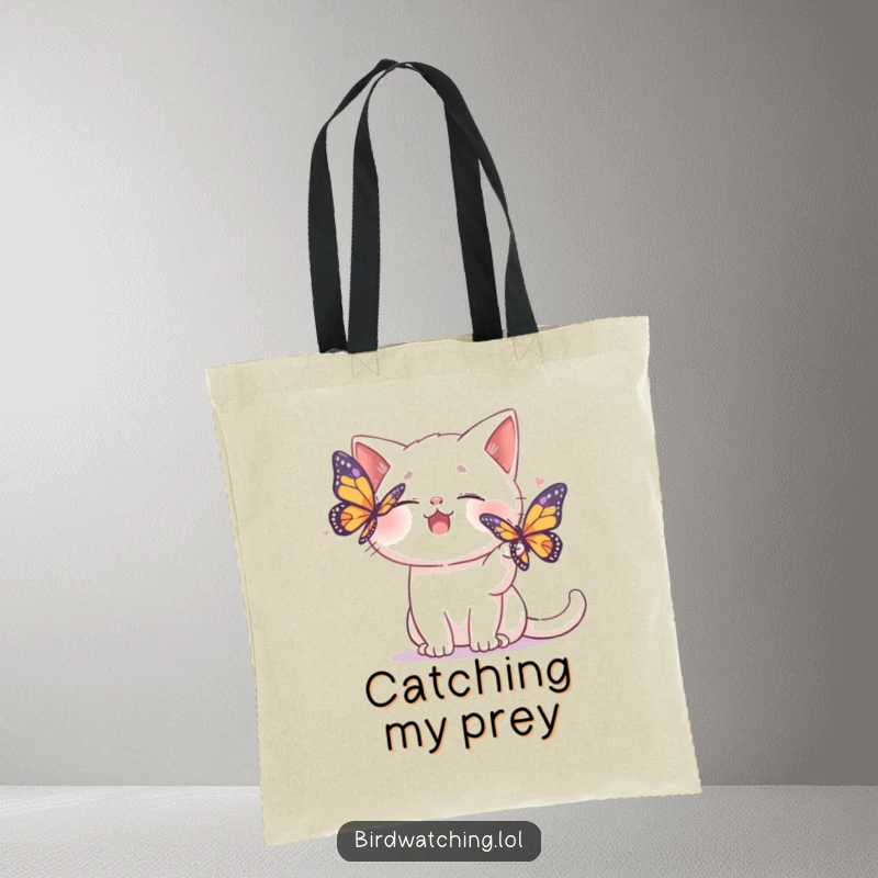 Funny tote bag featuring a giggling cat playfully interacting with a colorful butterfly, full of joy.