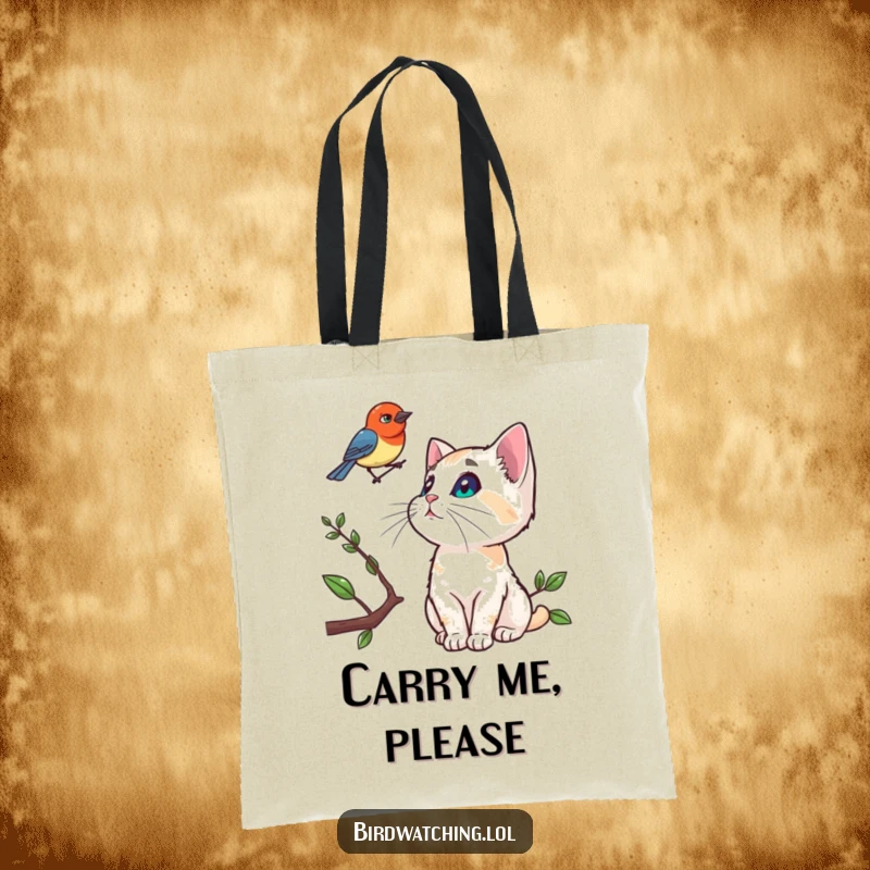 Funny tote bag showing a curious cat watching a bird on a branch, ideal for cat owners and bird enthusiasts.