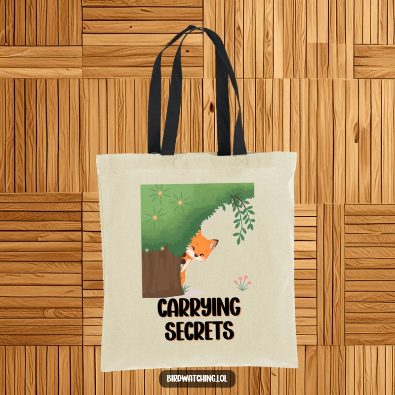 Funny curious fox tote bag, showing a sly fox peeking from behind a large bush, great for everyday carry.