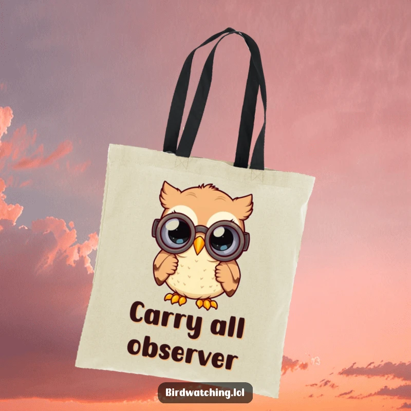Funny curious owl tote bag with a happy owl peering through binoculars with wide, curious eyes, a humorous and practical gift.