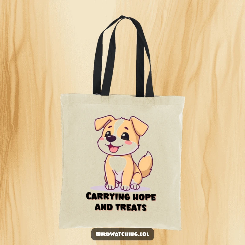Funny dog tote bag, beaming dog wagging tail, scanning horizon, durable and humorous, ideal gift.