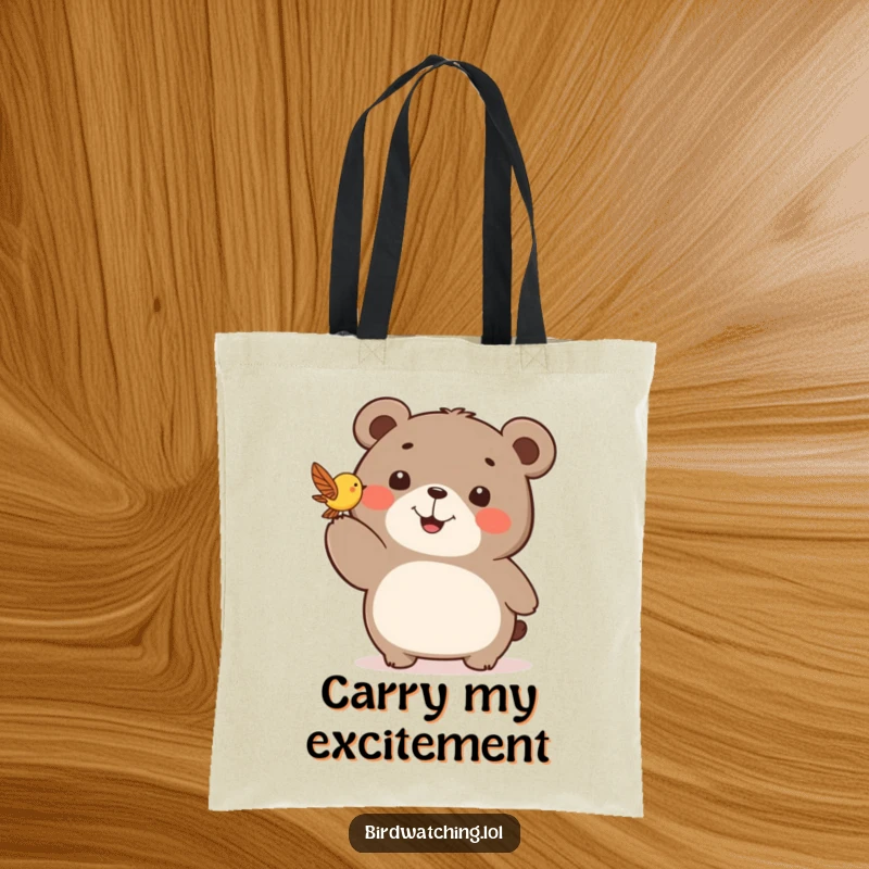 Funny tote bag with a happy bear pointing excitedly at a fluttering bird, celebrating nature's beauty.