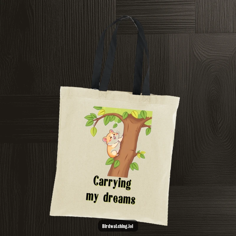 Funny happy hamster tote bag, showing a cheerful hamster ascending a tree for a better view, great for shoppers.