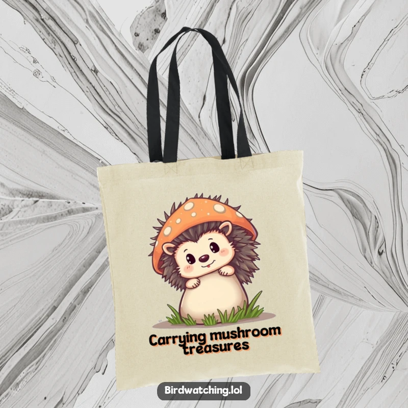Funny Tote Bag featuring a curious hedgehog peeking from behind a mushroom, a practical and charming accessory.