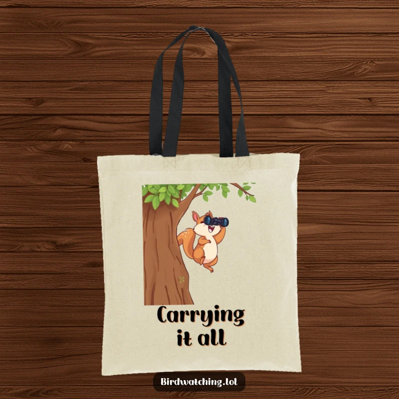Funny Leaping Squirrel Tote Bag: A humorous tote showcasing a joyful squirrel leaping with binoculars, ready for any expedition.