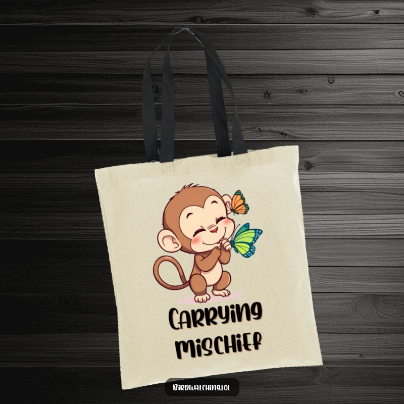 Funny monkey tickle tote bag, showing a playful monkey reaching out to tickle a passing butterfly, great for shoppers.