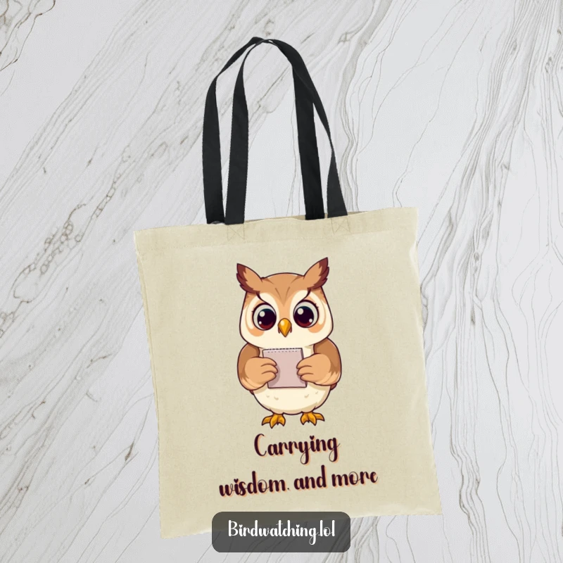 Funny proud owl tote bag character skillfully holding a small notepad, symbolizing intelligence and preparedness, a stylish gift.