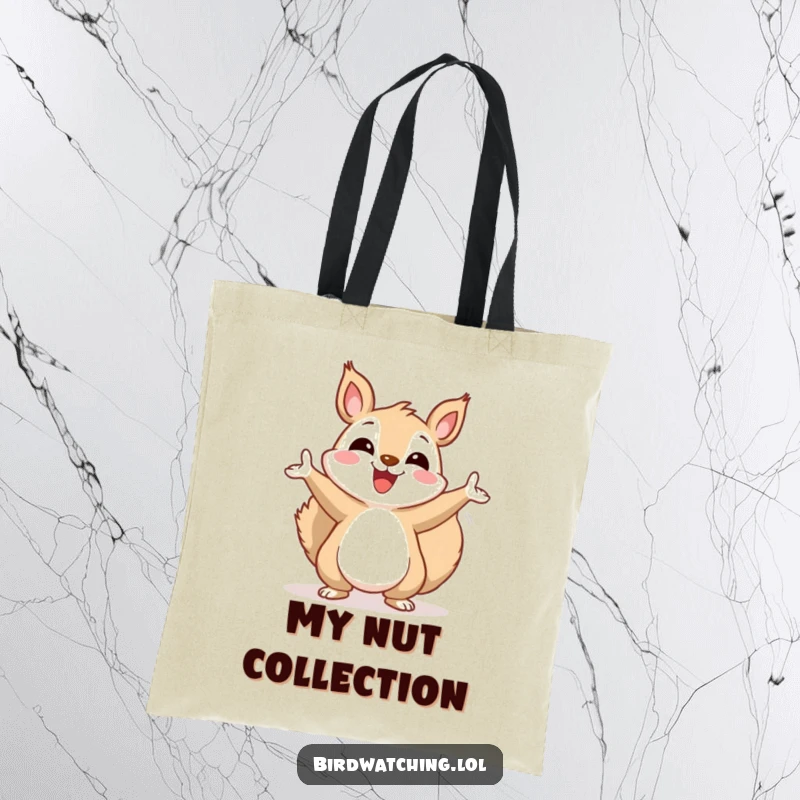 Funny squirrel tote bag, joyfully gesturing towards the sky, a practical and charming item for cheerful souls.