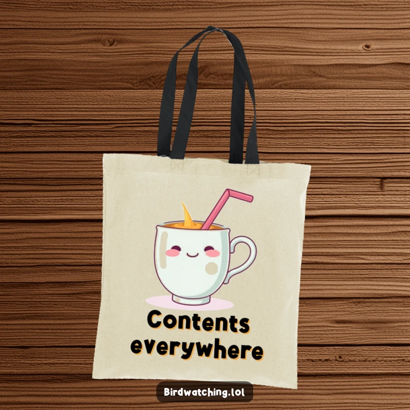 Funny tote bag with a cheerful teacup dramatically spilling its contents while balancing a straw on its handle, a humorous accessory.