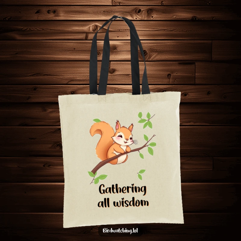 Funny squirrel tote bag, perched on a branch, observing with keen interest. Stylish and functional.