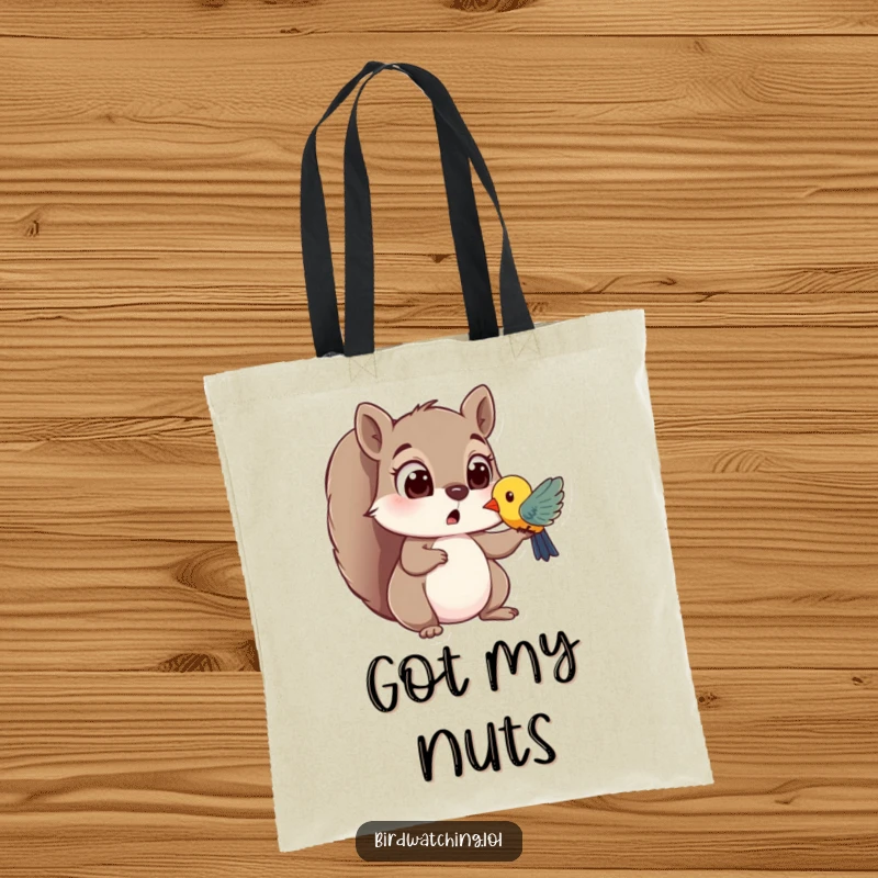 Funny tote bag with a surprised squirrel with wide eyes spotting a colorful bird, ideal for carrying essentials with a dose of cheerful observation.