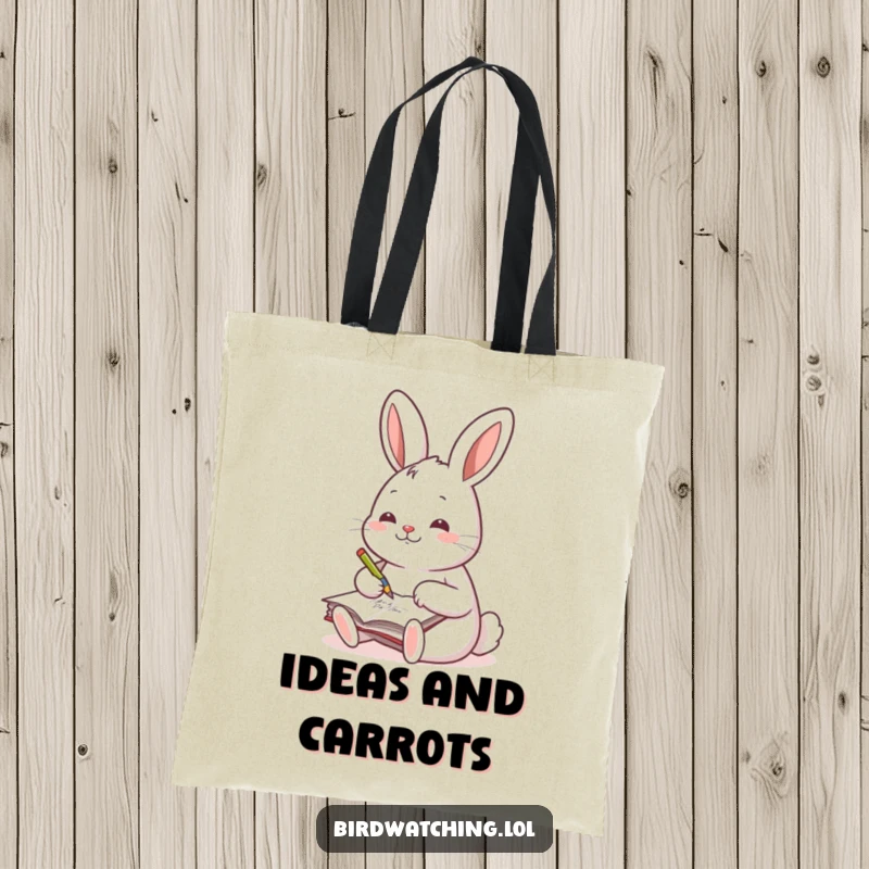 Funny tote bag with a cheerful rabbit writing in a journal, great for carrying books and supplies.