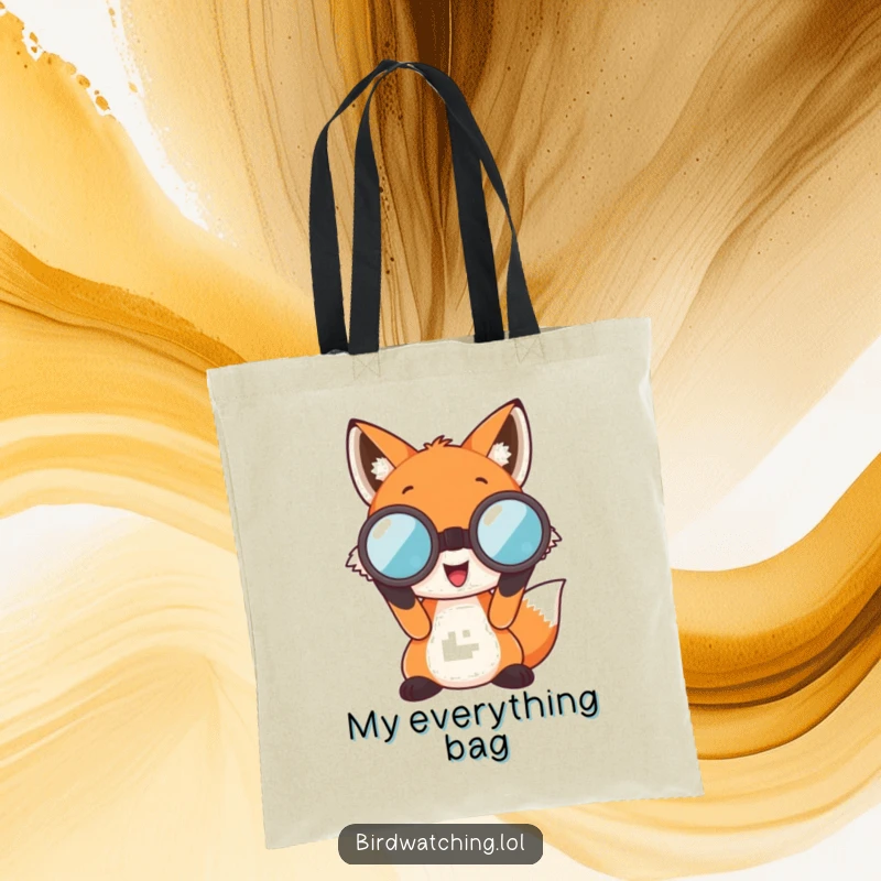 Funny Fox Tote Bag: A happy fox character peering through large binoculars, perfect for carrying gear on outdoor excursions.