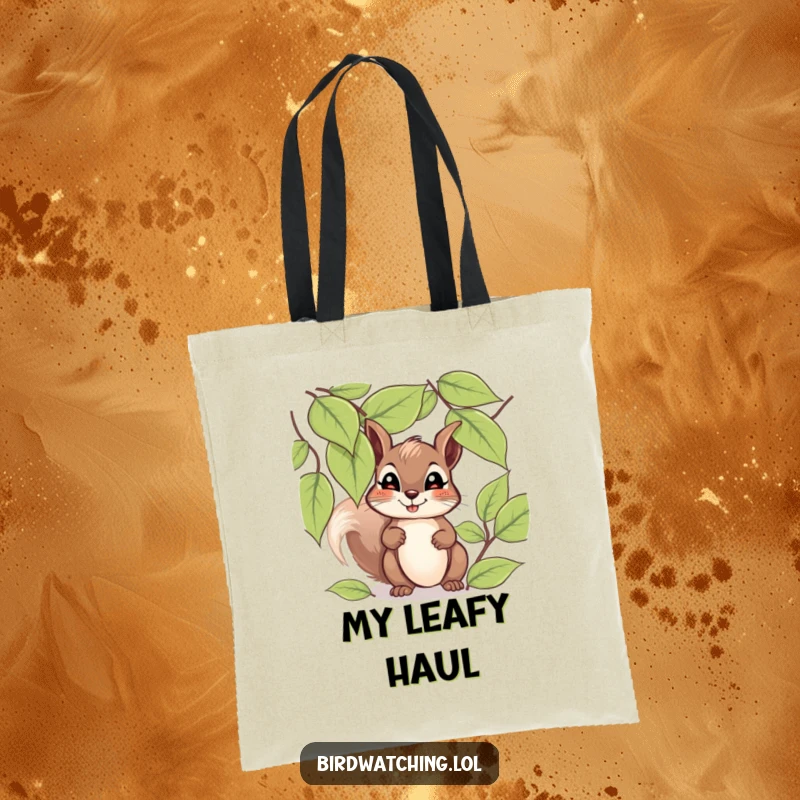 Funny giggling squirrel tote bag with a happy squirrel peeking through leaves, hopeful and giggling expression, ideal for everyday.