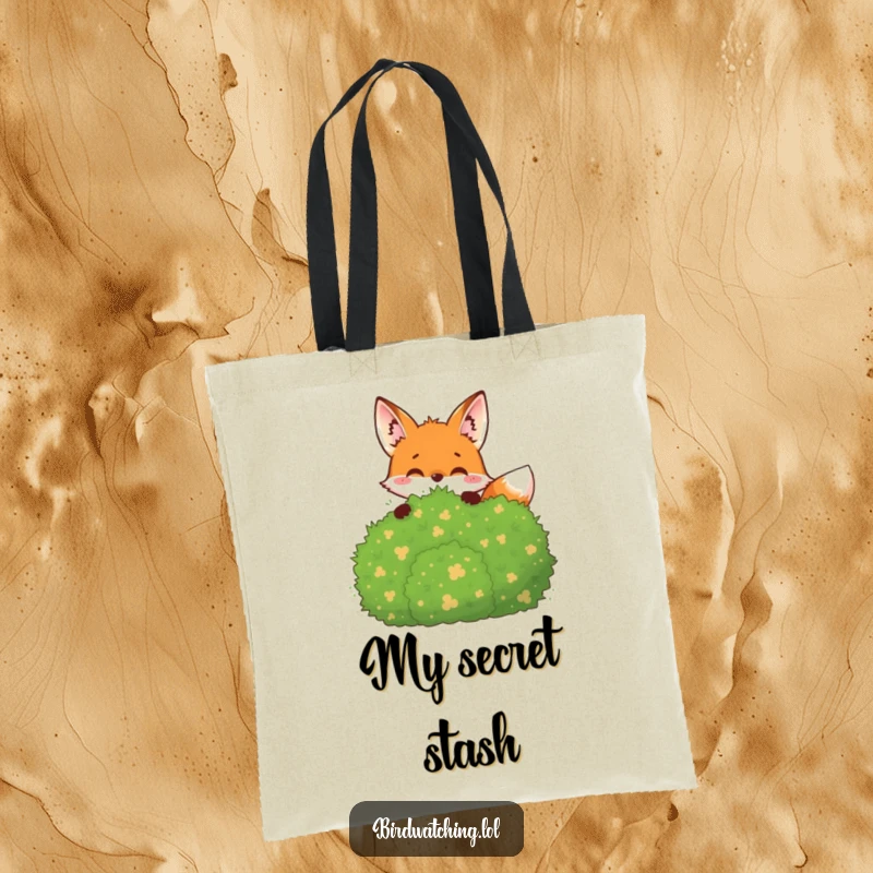 Funny Tote Bag: A joyful fox peeking from behind a bush, observing while carrying essentials.