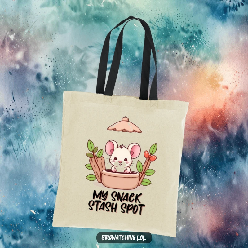 Funny Mouse Tote Bag: A silly mouse hides behind a bird feeder, observing. Adorable and funny.