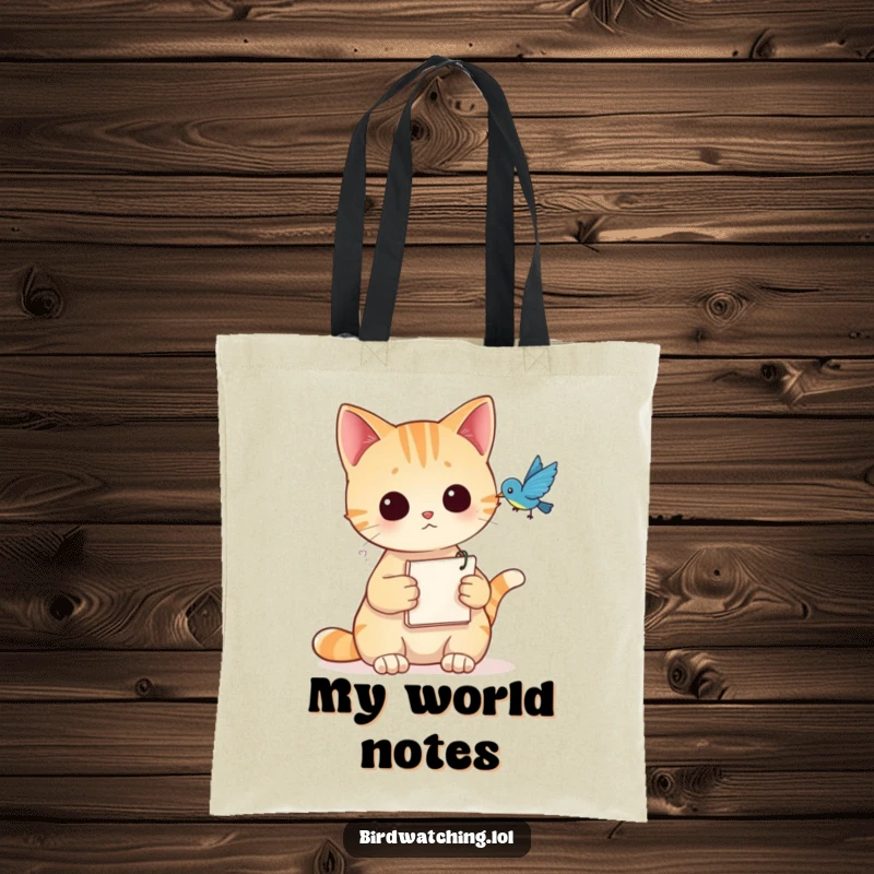Funny Tote Bag featuring a curious cat holding a notepad, ready to document bird sightings.